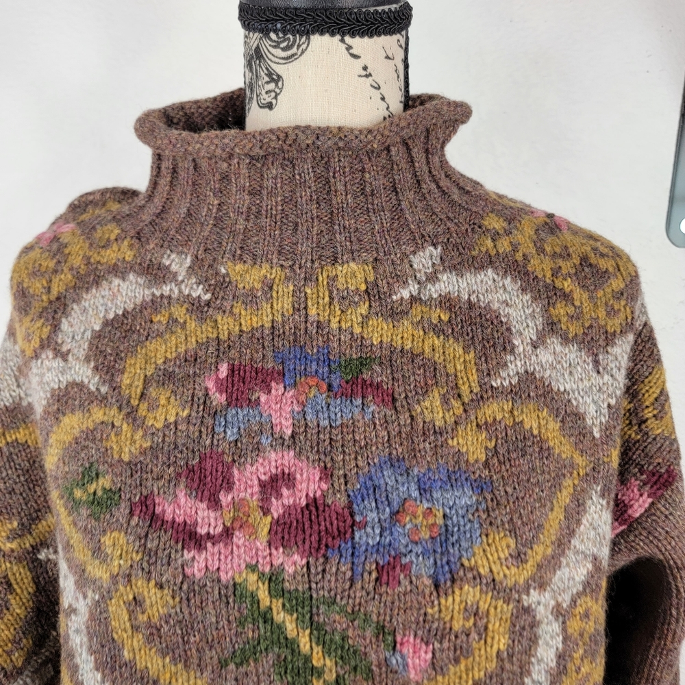 Express Tricot Sweater Sz L Ribbed Embroidered Roll Neck Vintage - Picture 4 of 6